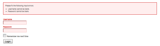 Pagina login cu erori