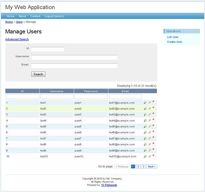 User admin page